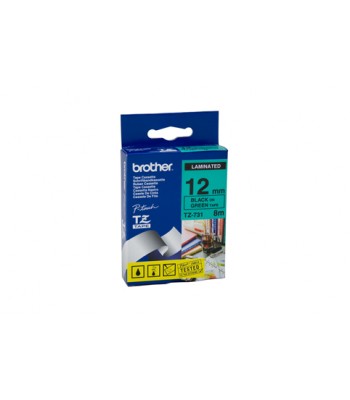 Brother Genuine 12mm Black Text on Green Tape - 8 metres (TZe731)